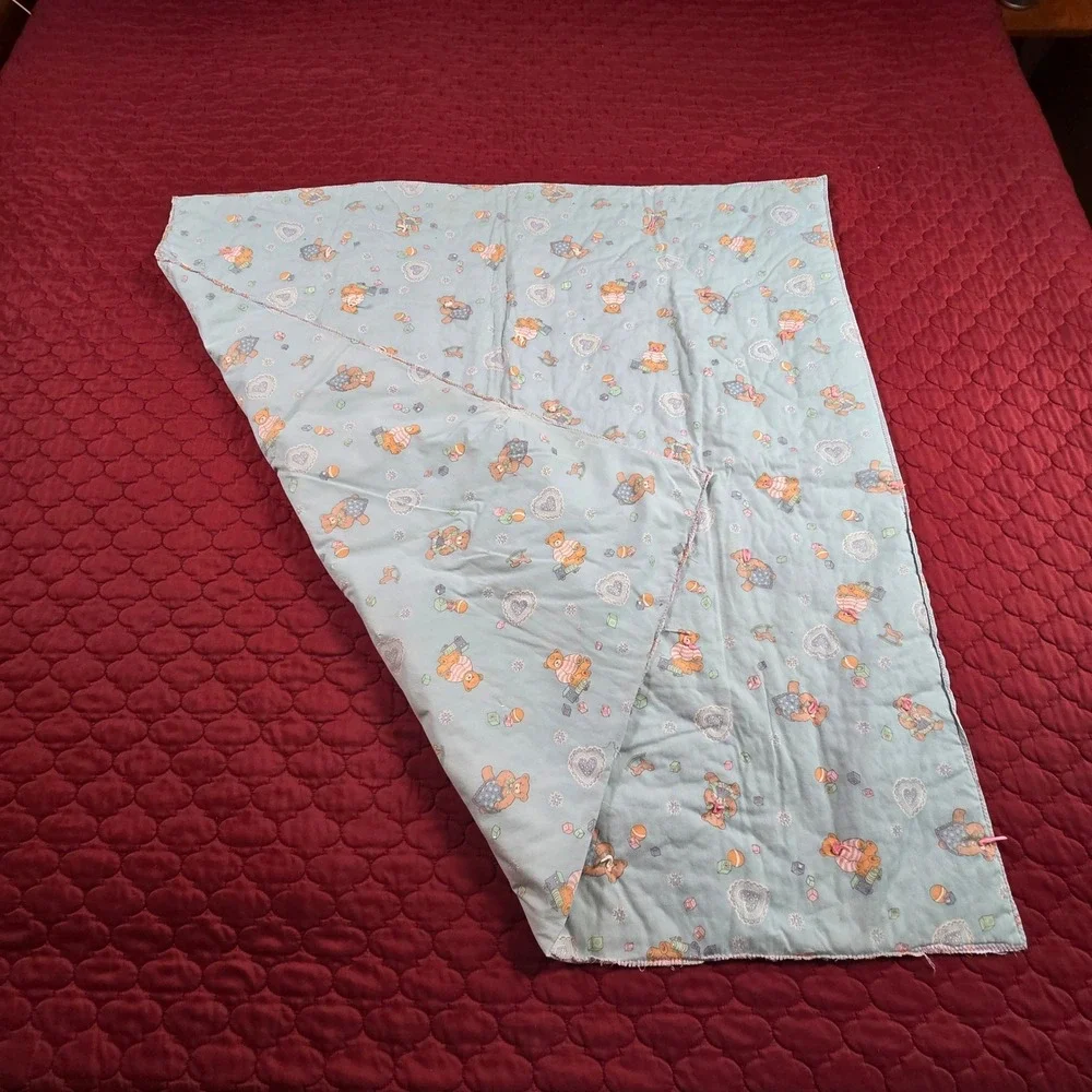 Hand made Baby Blanket Throw Wrap Swaddle Quilt Blue Teddy Bears 1980s 42